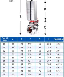 Kích thước van bướm vi sinh điều khiển khí nén trục inox