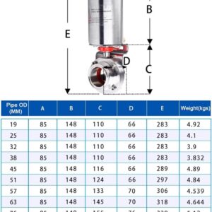 Kích thước van bướm vi sinh điều khiển khí nén trục inox