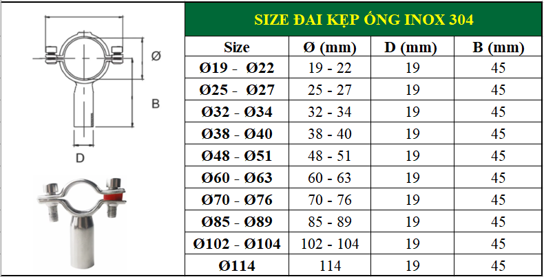 Bảng kích thước đai kẹp ống có chân hàn inox 304