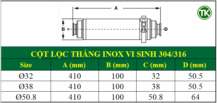 Bảng kích thước cột lọc nối clamp vi sinh